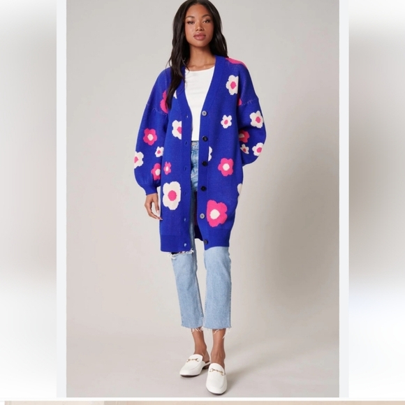 Sugarlips Sweaters - Floral Blue Cardigan Sweater